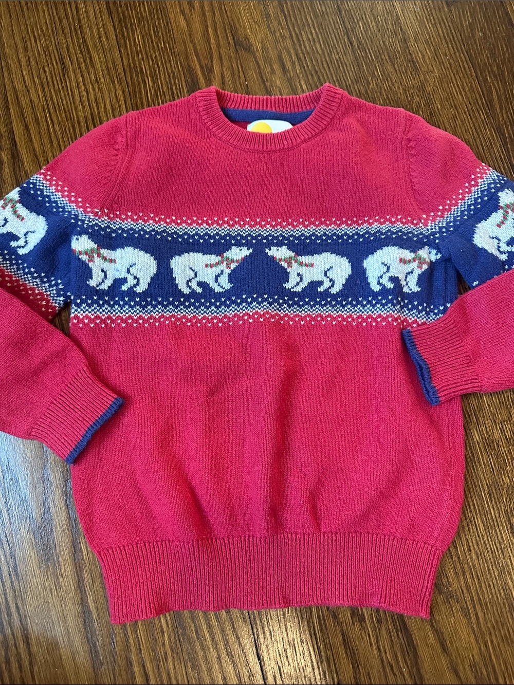 Mini Boden Red Crewneck Sweater with Navy Polar Bear Fair Isle